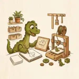 La mascotte dinosaure de Printosaurus dessine un croquis au crayon à côté d'une imprimante 3D fabriquant une petite figurine de dinosaure.