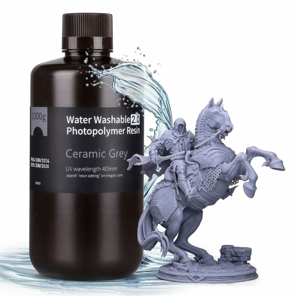 ELEGOO Résine Imprimante 3D Lavable à l'Eau 2.0, Gris 2000g, Polymérisation UV 395-405 nm, Haute Durabilité