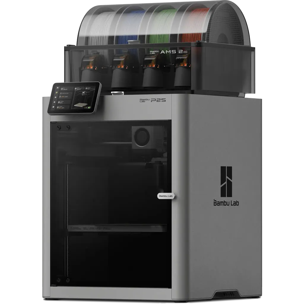 Imprimante 3D bambulab P2S combo en caisson avec 4 couleurs vue de coté