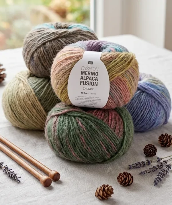 Gros plan d'une mise en scène de cinq pelotes de laine Rico Design Merino Alpaca Fusion Chunky sur une table en bois rustique. Les pelotes, aux textures douces et aux coloris multicolores (beige-vert, turquoise-brun, vert-rose, arc-en-ciel, bleu-violet), sont empilées à côté d'une paire d'aiguilles à tricoter en bois de 6 mm. Le décor est complété par des pommes de pin, des feuilles d'automne et des brins de lavande séchés, le tout éclairé par la lumière naturelle d'une fenêtre donnant sur un jardin.