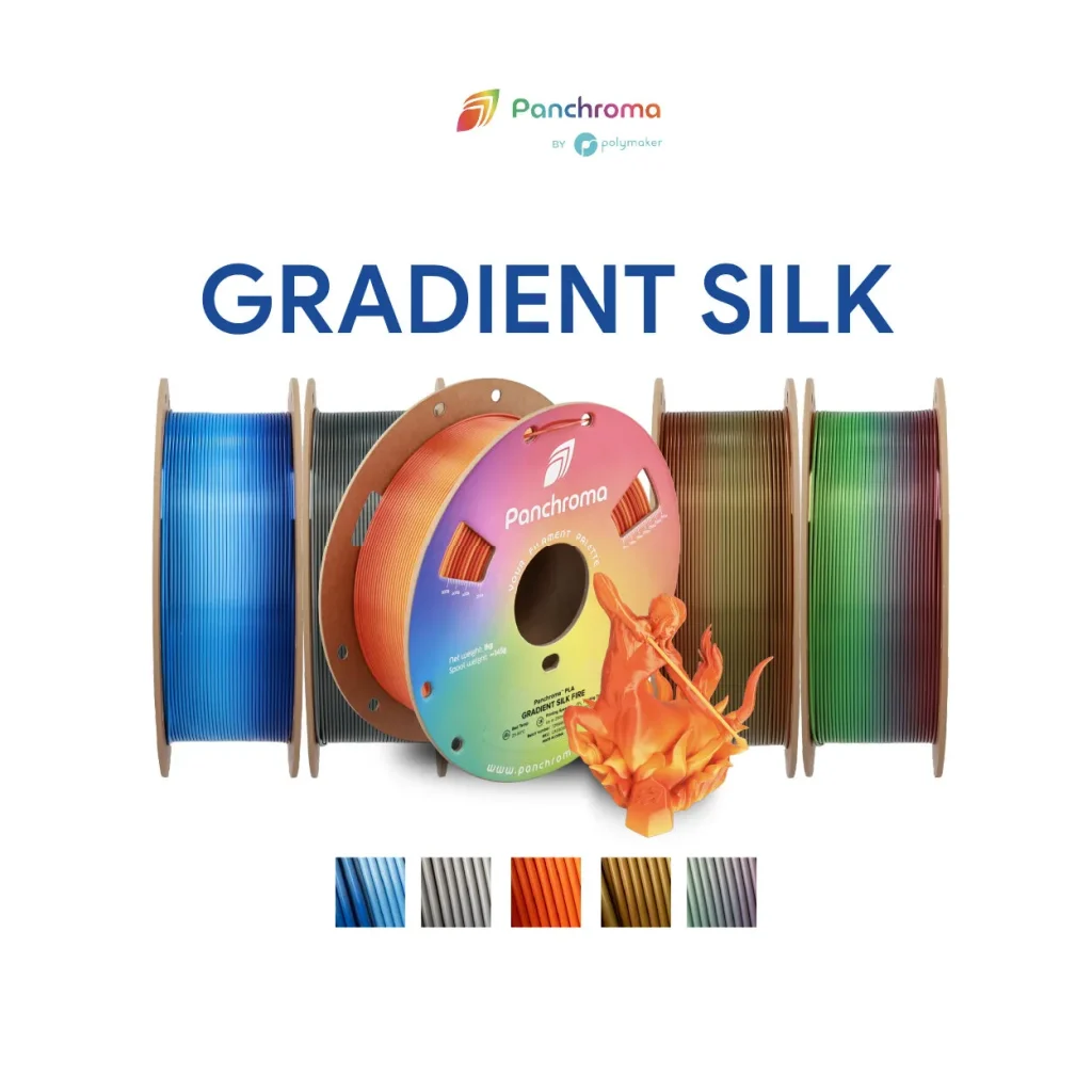 Présentation de la gamme de filaments Polymaker PLA Panchroma Silk Gradient, avec plusieurs bobines alignées présentant des dégradés de couleurs soyeux (bleu, gris, orange, bronze, vert). Au premier plan, une impression 3D complexe d'une figurine de guerrier en feu illustre le rendu final brillant et multicolore, sous le logo Panchroma et Polymaker sur fond blanc