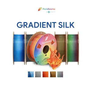 Présentation de la gamme de filaments Polymaker PLA Panchroma Silk Gradient, avec plusieurs bobines alignées présentant des dégradés de couleurs soyeux (bleu, gris, orange, bronze, vert). Au premier plan, une impression 3D complexe d'une figurine de guerrier en feu illustre le rendu final brillant et multicolore, sous le logo Panchroma et Polymaker sur fond blanc
