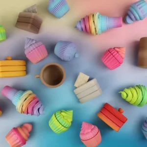 Vue aérienne d'une collection de modèles imprimés en 3D en forme de desserts (cupcakes, glaces, boîtes en forme de biscuits) présentant des transitions de couleurs fluides et vibrantes, illustrant les possibilités du filament Polymaker PLA Panchroma Gradient