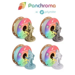 Vue d'ensemble des quatre variantes de la gamme Polymaker PLA Panchroma Marble : des bobines de filament effet pierre (blanc, gris, bleu-vert, beige) présentées chacune avec une figurine imprimée en 3D assortie, sous le logo Panchroma et Polymaker sur fond blanc