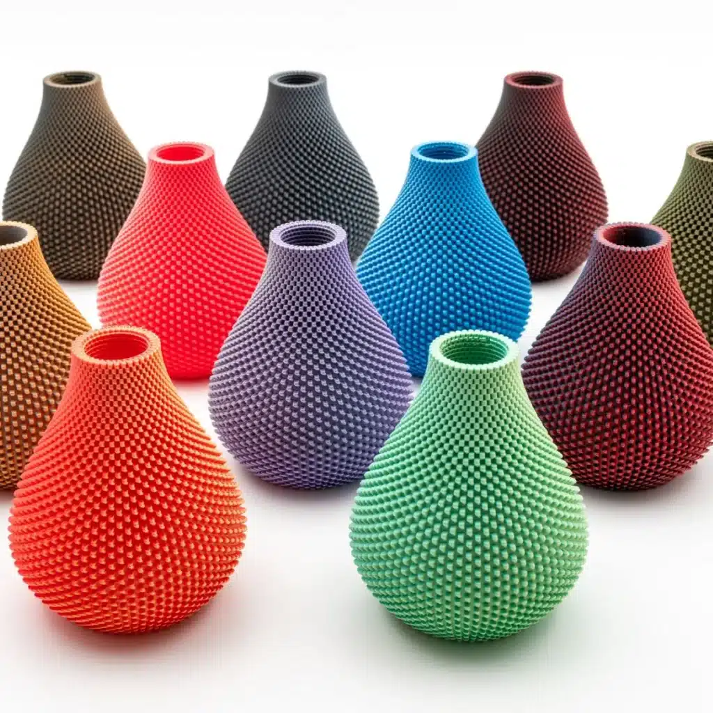 Assortiment de vases texturés imprimés en 3D présentant les différentes couleurs du filament PLA Panchroma Dual Matte de Polymaker